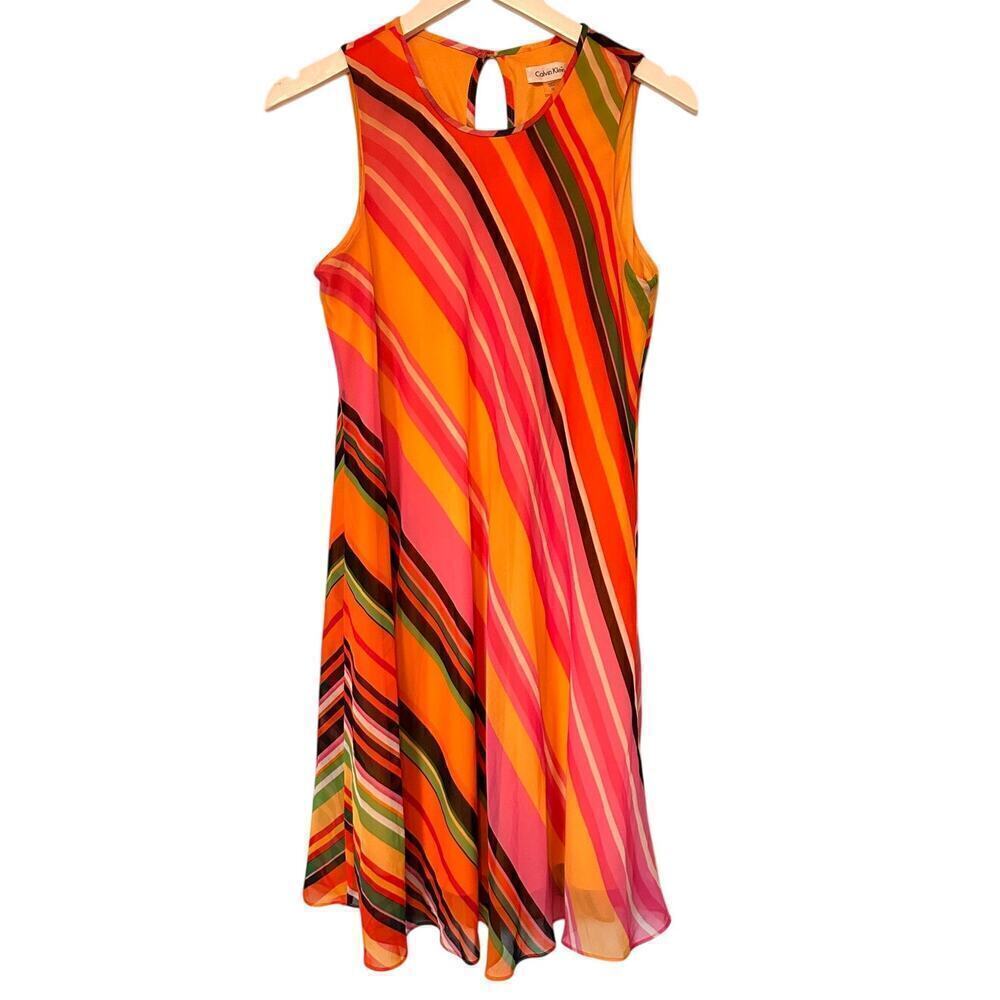 Calvin Klein Size 10 Pink Orange Sleeveless Striped Knee Length Flowy Boho Dress